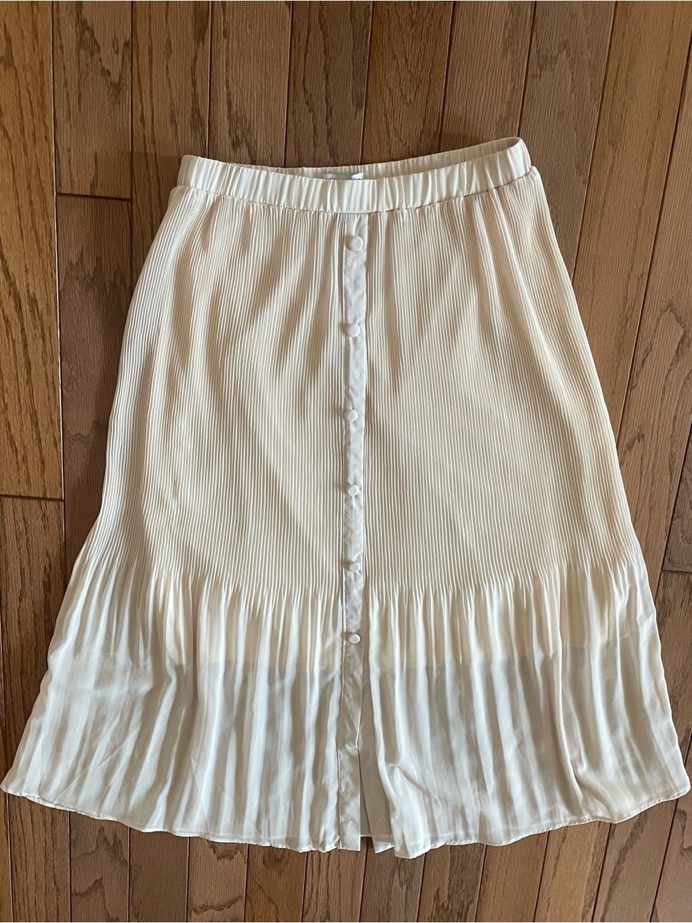 Cream Accordion Pleat Midi Skirt Faux Button Front & Elastic Waist